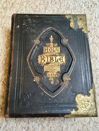 Antique Large Family Holy Bible John Brown Leather & Brass Edged Clasps No1