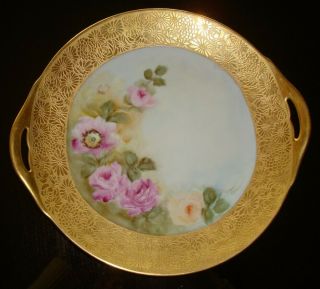 Antique Thomas Bavaria Etched Heavy Gold Hand Painted Cake Plate Tray,  Roses 11 "