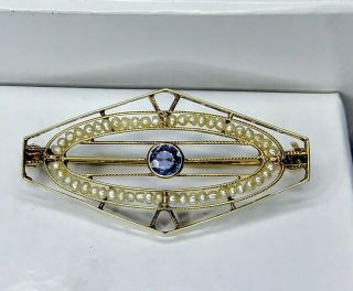 Antique Art Deco 1/8 Carat Natural Ceylon Sapphire And Pearl Pin 14k Yg Brooch
