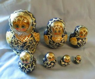 Russian Matryoshka Wood Nesting Dolls Set 7 Ladies Women Cobalt Blue & Gold