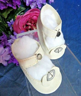 Antique French Bebe Doll Shoes Kid Leather Ankle Straps Metal Buckles 2.  5 "