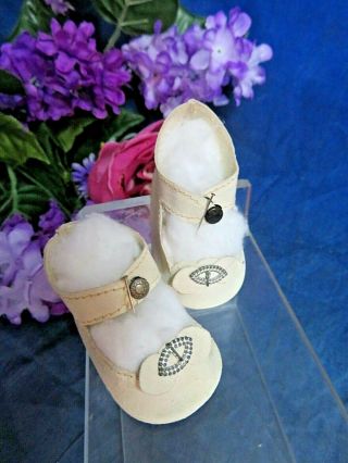 ANTIQUE French Bebe DOLL SHOES kid leather ANKLE STRAPS metal buckles 2.  5 