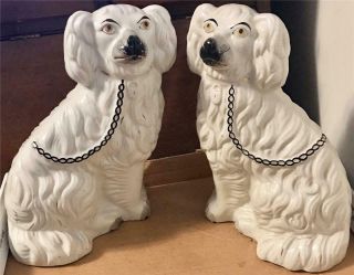 Pair Antique Staffordshire Art Pottery Spaniel Wally 10 " Tall Mantle Dogs