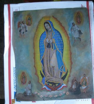 Wonderful Retablo On Tin With Image Of Our Lady Of Guadalupe$four Apparitions