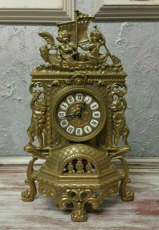 Large Antique French Angels Cherub Brass Mantel Clock Ornate - Quartz Movement