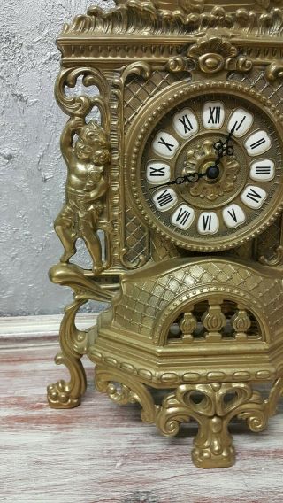 Large Antique French Angels Cherub Brass Mantel Clock Ornate - Quartz movement 8