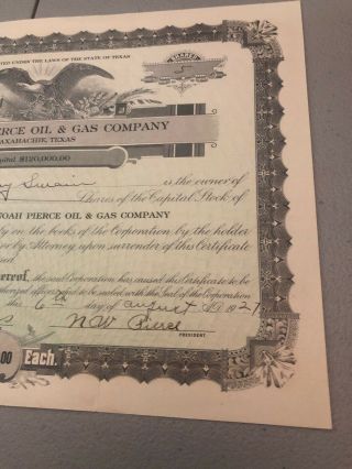 1921 Antique Noah Pierce Oil & Gas Co.  Waxahachie Texas Stock Certificate $100 3