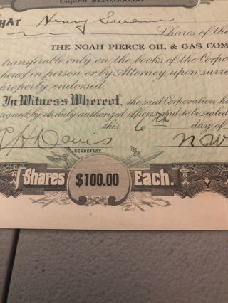 1921 Antique Noah Pierce Oil & Gas Co.  Waxahachie Texas Stock Certificate $100 4