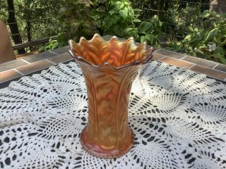 Antique Northwood Leaf Column Carnival Glass Squatty Vase 6.  25