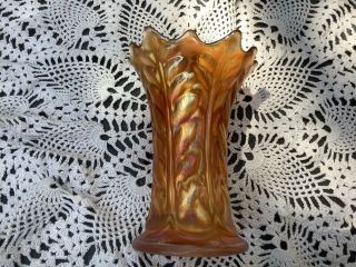 Antique Northwood Leaf Column Carnival Glass Squatty Vase 6.  25 3
