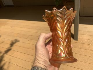 Antique Northwood Leaf Column Carnival Glass Squatty Vase 6.  25 5