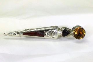 A Antique Victorian Silver,  Citrine And Hard Stone Dirk Brooch