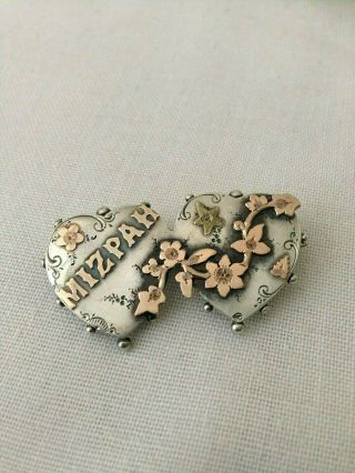 Antique Sterling Silver & Gold Mizpah Sweetheart Brooch Entwined Hearts