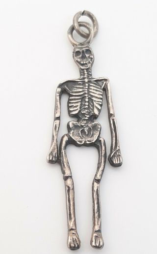 Rare Antique Victorian Era Sterling Silver Skeleton Skull Mori Pendant Charm Fob