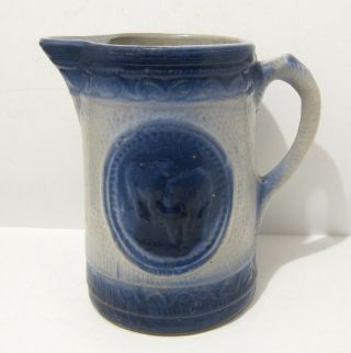 Antique Salt Glaze Pitcher - Cows - Deep Blue & White Stoneware Pottery