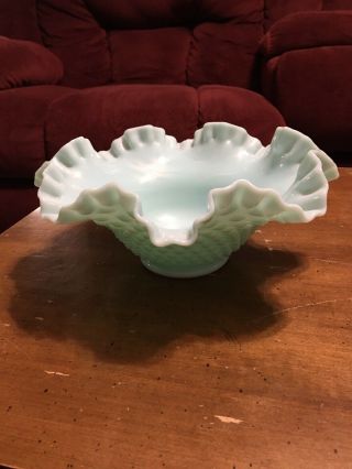 Vintage Large Green Glass Ruffled Bowl Antique Milkglass Dish