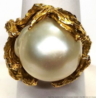 18k Yellow Gold 15mm Cultured South Sea Pearl Vintage Midcentury Freeform Ring