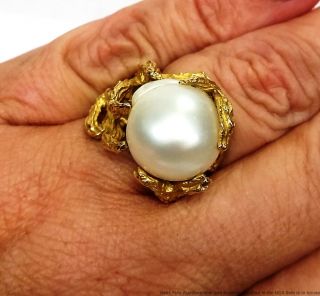 18K Yellow Gold 15mm Cultured South Sea Pearl Vintage Midcentury Freeform Ring 2