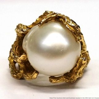 18K Yellow Gold 15mm Cultured South Sea Pearl Vintage Midcentury Freeform Ring 3