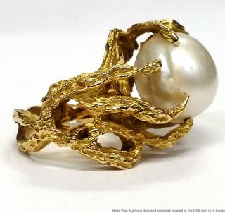 18K Yellow Gold 15mm Cultured South Sea Pearl Vintage Midcentury Freeform Ring 4