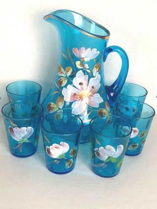 Antique Victorian Art Glass Blue Hand Painted Enamel Water Pitcher & 6 Glasses
