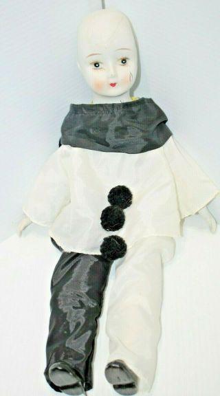 Vintage Ceramic Harlequin Doll Black White Satin Clothing 20 " Plays Music