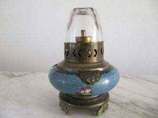 Antique Chinese Qing Cloisonne Brass Copper Complete Opium Lamp With Glass