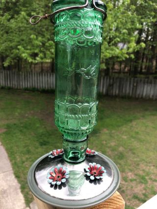 Green Antique Bottle 10 - Ounce Glass Hummingbird Feeder Vintage Look 4 Ports