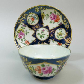 Antique Worcester Fine Porcelain Blue Ground Hand Painted Tea Bowl & Saucer 1770