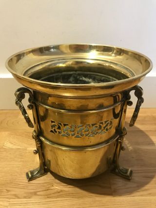Antique Pierced Brass Arts & Crafts Jardiniere Planter Champagne Bucket 3 Legged