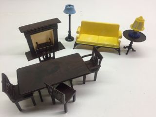 Vintage Renwal Ideal Plasco Doll House Furniture Living Dining Set Fireplace