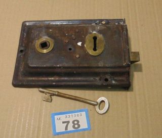 Antique Brass And Steel Duel Handled Rim Door Lock With Key 78