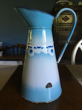 Antique French Enamelware Body Pitcher Blue And White 14 1/2 " Tall