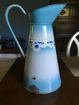 Antique French Enamelware Body Pitcher Blue and White 14 1/2 