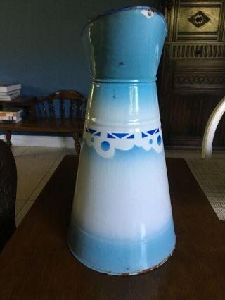 Antique French Enamelware Body Pitcher Blue and White 14 1/2 