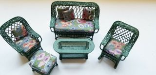 Vintage Green Wire Garden 5 Piece Settee Set With Floral Cushions 1 " Scale