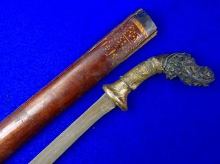 Antique Old Indonesian Damascus Blade Carved Handle Short Sword Knife W Scabbard