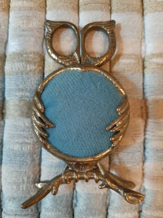 Vintage Sewing Scissor Owl Teal Pin Cushion Brass
