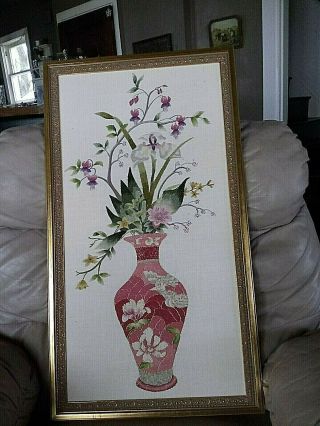 Antique Vintage Framed Embroidered Flowers In A Vase 17.  5 " X 32 "