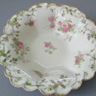 Pretty Antique Limoges Porcelain Bowl Pink Roses,  Tendrils Scalloped Gilt Trim