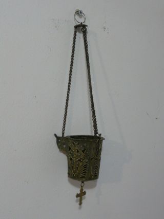 Old Antique Orthodox Hanging Brass Candle Censer Icon Lamp With Crucifix