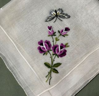 Old Vintage Gorgeous Roses & Butterfly Embroidery On Fine Linen Handkerchief