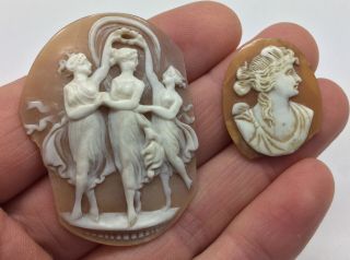 2 Antique Victorian 3 Graces Carved Italian Shell Cameo Bracelet Brooch Repair