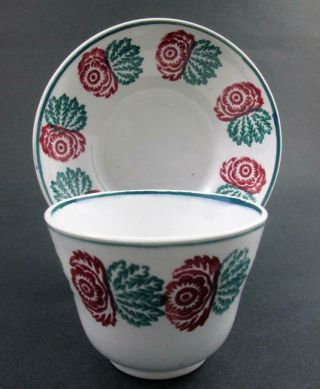 Antique Red & Green Spongeware Cup & Saucer Stick Spatter Staffordshire 19th C.