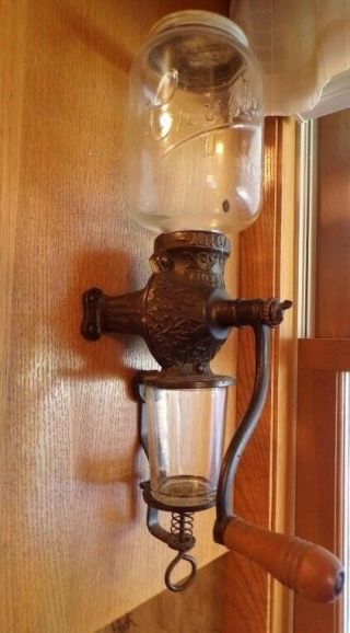 Antique Wall Mount Arcade Crystal No.  3 Coffee Grinder With Catch Glass