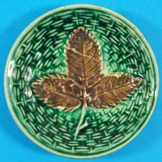 Sweet Antique Majolica Butter Pat 3 Berry Leaves Over Basket Weave 1