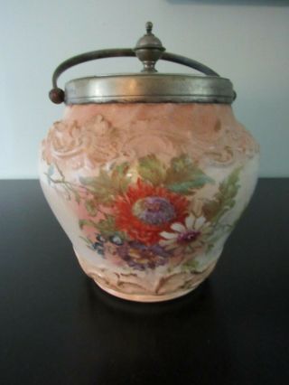 Bonn Antique Porcelain Biscuit Jar Hand Painted Flowersmetal Cover Handle Franz