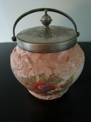 BONN Antique Porcelain Biscuit Jar Hand Painted FlowersMetal Cover Handle Franz 2