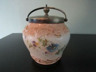BONN Antique Porcelain Biscuit Jar Hand Painted FlowersMetal Cover Handle Franz 3