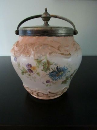 BONN Antique Porcelain Biscuit Jar Hand Painted FlowersMetal Cover Handle Franz 4
